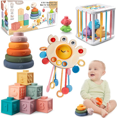 Montessori Baby Speelgoed Set 4-in-1 voor Zintuiglijke Ontwikkeling met Veilig BPA-vrij Materiaal voor Kinderen vanaf 6 Maanden 0